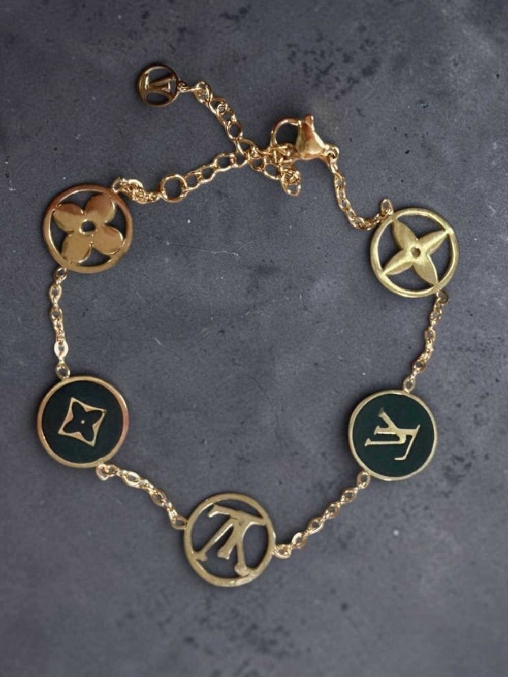 Gold and Black Enamel Monogram Stainless Steel Charm Adjustable Bracelet | NEW - Picture 4 of 10